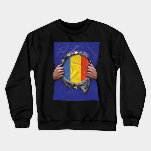 Romania Flag European Union Flag Ripped Open - Gift for Romanian From Romania Crewneck Sweatshirt by Country Flags